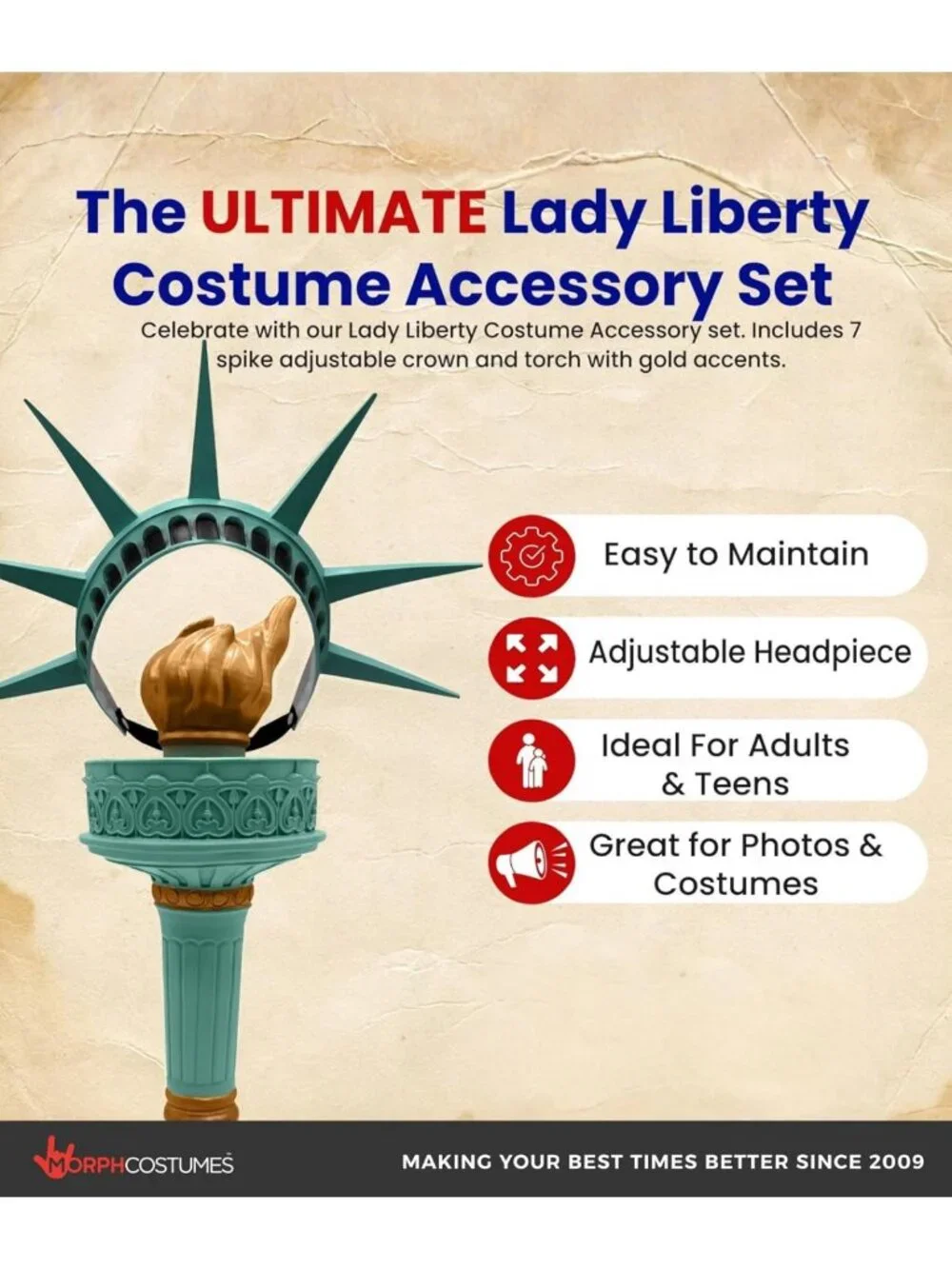 Statue of Liberty Crown & Torch Set - Green Costume Accessory for Parties